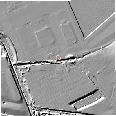 Shaded relief map of the ground around BS207XQ, computed from Environment Agency LiDAR. The ground here sits at about 9 m above sea level and falls 9 m across the surrounding 800 m. Surface water reaching this point runs off ground lying to the south-west, 3.4 m higher.