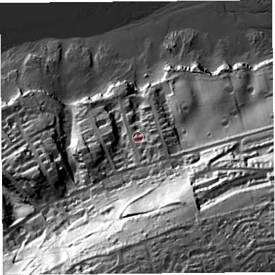 Shaded relief map of the ground around BS208DR, computed from Environment Agency LiDAR. The ground here sits at about 31 m above sea level and falls 113 m across the surrounding 800 m. Surface water reaching this point runs off ground lying to the south-south-east, 79.3 m higher.