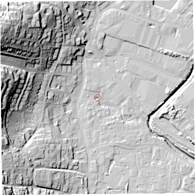 Shaded relief map of the ground around BS208LR, computed from Environment Agency LiDAR. The ground here sits at about 6 m above sea level and falls 46 m across the surrounding 800 m. Surface water reaching this point runs off ground lying to the north-west, 43.7 m higher.