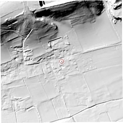 Shaded relief map of the ground around BS208PR, computed from Environment Agency LiDAR. The ground here sits at about 16 m above sea level and falls 84 m across the surrounding 800 m. Surface water reaching this point runs off ground lying to the north-north-west, 54.3 m higher.