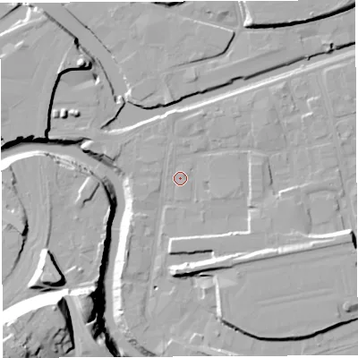Shaded relief map of the ground around BS20AU, computed from Environment Agency LiDAR. The ground here sits at about 9 m above sea level and falls 43 m across the surrounding 800 m. Surface water reaching this point runs off ground lying to the north-east, 0.8 m higher.