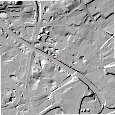 Shaded relief map of the ground around BS20DW, computed from Environment Agency LiDAR. The ground here sits at about 10 m above sea level and falls 18 m across the surrounding 800 m. Surface water reaching this point runs off ground lying to the south-east, 7.9 m higher.