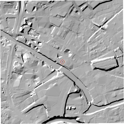 Shaded relief map of the ground around BS20EL, computed from Environment Agency LiDAR. The ground here sits at about 10 m above sea level and falls 16 m across the surrounding 800 m. Surface water reaching this point runs off ground lying to the south, 7.7 m higher.