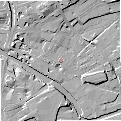 Shaded relief map of the ground around BS20FB, computed from Environment Agency LiDAR. The ground here sits at about 10 m above sea level and falls 18 m across the surrounding 800 m. The ground contributing surface water to this point lies to the north.