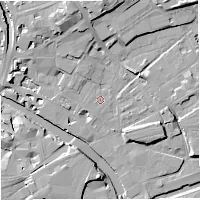 Shaded relief map of the ground around BS20FD, computed from Environment Agency LiDAR. The ground here sits at about 10 m above sea level and falls 19 m across the surrounding 800 m. Surface water reaching this point runs off ground lying to the north, 9.4 m higher.