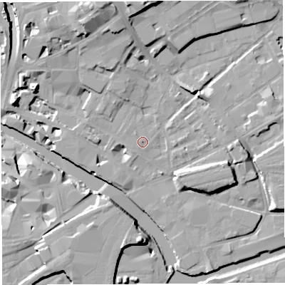 Shaded relief map of the ground around BS20FE, computed from Environment Agency LiDAR. The ground here sits at about 10 m above sea level and falls 18 m across the surrounding 800 m. Surface water reaching this point runs off ground lying to the north, 13.1 m higher.