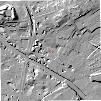 Shaded relief map of the ground around BS20FF, computed from Environment Agency LiDAR. The ground here sits at about 9 m above sea level and falls 18 m across the surrounding 800 m. Surface water reaching this point runs off ground lying to the north-north-east, 12.4 m higher.