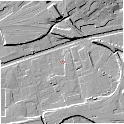 Shaded relief map of the ground around BS20FP, computed from Environment Agency LiDAR. The ground here sits at about 8 m above sea level and falls 16 m across the surrounding 800 m. Surface water reaching this point runs off ground lying to the south-south-east, 2.8 m higher.