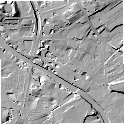 Shaded relief map of the ground around BS20GH, computed from Environment Agency LiDAR. The ground here sits at about 9 m above sea level and falls 19 m across the surrounding 800 m. Surface water reaching this point runs off ground lying to the north-east, 3.5 m higher.