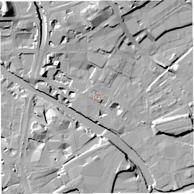 Shaded relief map of the ground around BS20GJ, computed from Environment Agency LiDAR. The ground here sits at about 10 m above sea level and falls 19 m across the surrounding 800 m. Surface water reaching this point runs off ground lying to the south-east, 1.6 m higher.