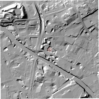 Shaded relief map of the ground around BS20GR, computed from Environment Agency LiDAR. The ground here sits at about 7 m above sea level and falls 18 m across the surrounding 800 m. Surface water reaching this point runs off ground lying to the north-east, 16.5 m higher.