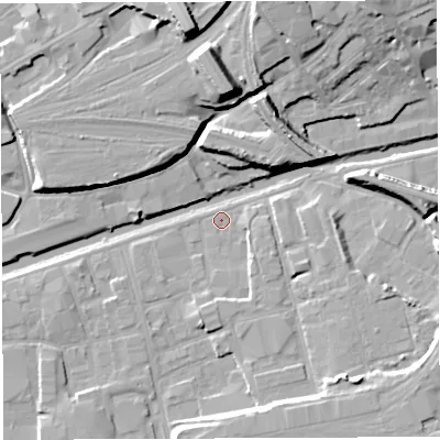 Shaded relief map of the ground around BS20HH, computed from Environment Agency LiDAR. The ground here sits at about 7 m above sea level and falls 16 m across the surrounding 800 m. Surface water reaching this point runs off ground lying to the south-south-east, 2.9 m higher.