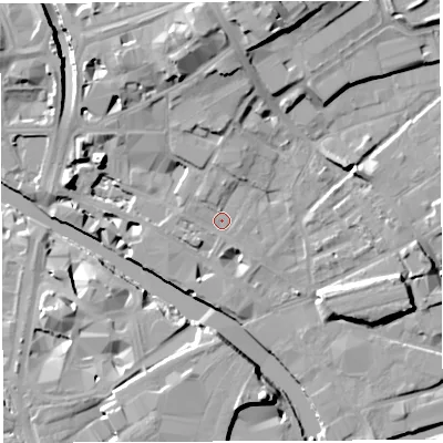 Shaded relief map of the ground around BS20HY, computed from Environment Agency LiDAR. The ground here sits at about 10 m above sea level and falls 19 m across the surrounding 800 m. Surface water reaching this point runs off ground lying to the north, 2.7 m higher.