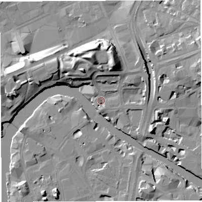 Shaded relief map of the ground around BS20JB, computed from Environment Agency LiDAR. The ground here sits at about 9 m above sea level and falls 17 m across the surrounding 800 m. Surface water reaching this point runs off ground lying to the north-north-west, 15.1 m higher.