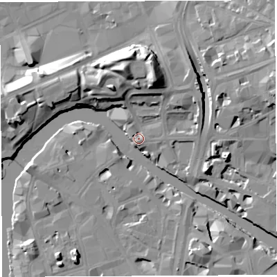 Shaded relief map of the ground around BS20JF, computed from Environment Agency LiDAR. The ground here sits at about 10 m above sea level and falls 17 m across the surrounding 800 m. Surface water reaching this point runs off ground lying to the north-north-west, 15.1 m higher.