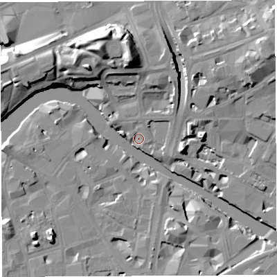 Shaded relief map of the ground around BS20JJ, computed from Environment Agency LiDAR. The ground here sits at about 8 m above sea level and falls 17 m across the surrounding 800 m. Surface water reaching this point runs off ground lying to the north-north-east, 2.6 m higher.