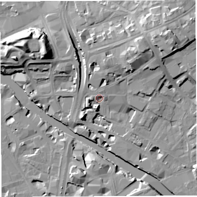 Shaded relief map of the ground around BS20JP, computed from Environment Agency LiDAR. The ground here sits at about 10 m above sea level and falls 18 m across the surrounding 800 m. Surface water reaching this point runs off ground lying to the east-north-east, 2.5 m higher.