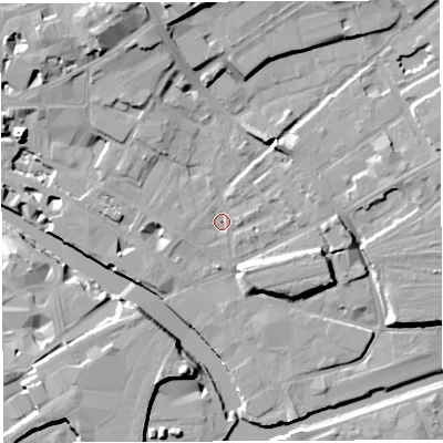 Shaded relief map of the ground around BS20LD, computed from Environment Agency LiDAR. The ground here sits at about 9 m above sea level and falls 18 m across the surrounding 800 m. Surface water reaching this point runs off ground lying to the north-east, 4.4 m higher.