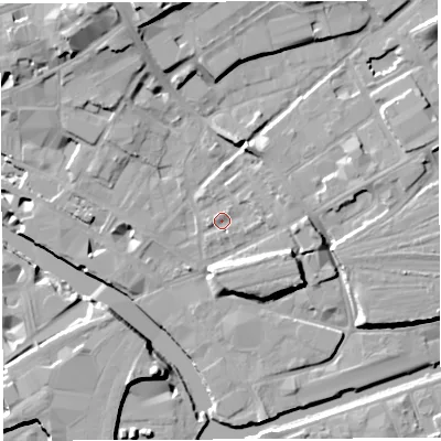 Shaded relief map of the ground around BS20LS, computed from Environment Agency LiDAR. The ground here sits at about 11 m above sea level and falls 18 m across the surrounding 800 m. Surface water reaching this point runs off ground lying to the east-north-east, 2.6 m higher.
