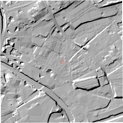 Shaded relief map of the ground around BS20NA, computed from Environment Agency LiDAR. The ground here sits at about 10 m above sea level and falls 19 m across the surrounding 800 m. Surface water reaching this point runs off ground lying to the north-north-west, 9.4 m higher.