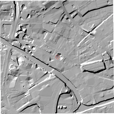 Shaded relief map of the ground around BS20PS, computed from Environment Agency LiDAR. The ground here sits at about 8 m above sea level and falls 16 m across the surrounding 800 m. Surface water reaching this point runs off ground lying to the north, 5.1 m higher.