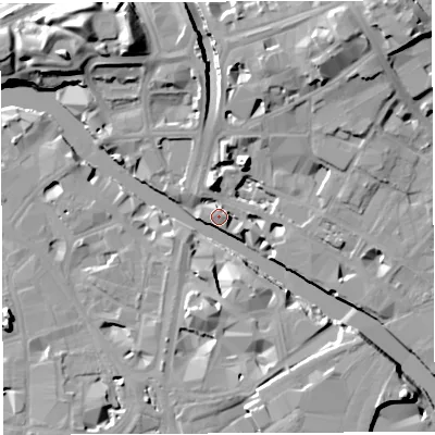 Shaded relief map of the ground around BS20PT, computed from Environment Agency LiDAR. The ground here sits at about 10 m above sea level and falls 19 m across the surrounding 800 m. Surface water reaching this point runs off ground lying to the north-east, 15.5 m higher.