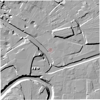 Shaded relief map of the ground around BS20PX, computed from Environment Agency LiDAR. The ground here sits at about 9 m above sea level and falls 16 m across the surrounding 800 m. Surface water reaching this point runs off ground lying to the west-south-west, 12.2 m higher.