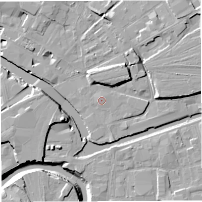 Shaded relief map of the ground around BS20PZ, computed from Environment Agency LiDAR. The ground here sits at about 10 m above sea level and falls 15 m across the surrounding 800 m. Surface water reaching this point runs off ground lying to the north-west, 0.8 m higher.