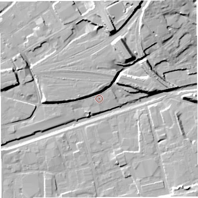 Shaded relief map of the ground around BS20QD, computed from Environment Agency LiDAR. The ground here sits at about 9 m above sea level and falls 17 m across the surrounding 800 m. Surface water reaching this point runs off ground lying to the north, 5.8 m higher.