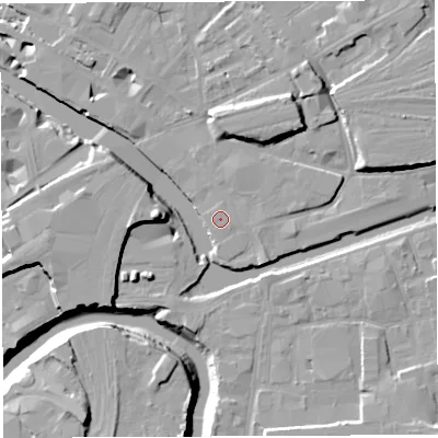 Shaded relief map of the ground around BS20QH, computed from Environment Agency LiDAR. The ground here sits at about 9 m above sea level and falls 16 m across the surrounding 800 m. The ground contributing surface water to this point lies to the east-south-east.
