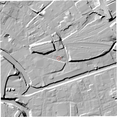 Shaded relief map of the ground around BS20QL, computed from Environment Agency LiDAR. The ground here sits at about 9 m above sea level and falls 20 m across the surrounding 800 m. Surface water reaching this point runs off ground lying to the north-north-west, 7.1 m higher.