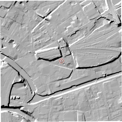 Shaded relief map of the ground around BS20QN, computed from Environment Agency LiDAR. The ground here sits at about 9 m above sea level and falls 20 m across the surrounding 800 m. Surface water reaching this point runs off ground lying to the north-north-west, 7.6 m higher.
