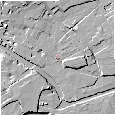 Shaded relief map of the ground around BS20QQ, computed from Environment Agency LiDAR. The ground here sits at about 9 m above sea level and falls 17 m across the surrounding 800 m. Surface water reaching this point runs off ground lying to the north-north-west, 8.6 m higher.