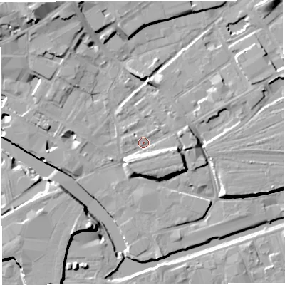 Shaded relief map of the ground around BS20QU, computed from Environment Agency LiDAR. The ground here sits at about 11 m above sea level and falls 15 m across the surrounding 800 m. Surface water reaching this point runs off ground lying to the east-south-east, 5.3 m higher.