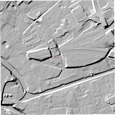 Shaded relief map of the ground around BS20QW, computed from Environment Agency LiDAR. The ground here sits at about 10 m above sea level and falls 20 m across the surrounding 800 m. Surface water reaching this point runs off ground lying to the north-north-east, 1.9 m higher.