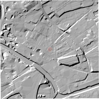 Shaded relief map of the ground around BS20RN, computed from Environment Agency LiDAR. The ground here sits at about 10 m above sea level and falls 17 m across the surrounding 800 m. Surface water reaching this point runs off ground lying to the north, 12.9 m higher.