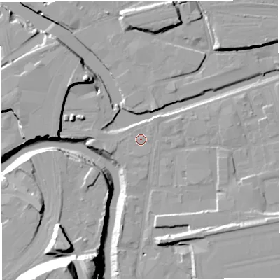 Shaded relief map of the ground around BS20SB, computed from Environment Agency LiDAR. The ground here sits at about 9 m above sea level and falls 37 m across the surrounding 800 m. Surface water reaching this point runs off ground lying to the north-east, 1.2 m higher.