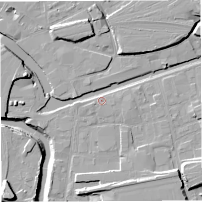 Shaded relief map of the ground around BS20SE, computed from Environment Agency LiDAR. The ground here sits at about 9 m above sea level and falls 20 m across the surrounding 800 m. Surface water reaching this point runs off ground lying to the west, 3.4 m higher.