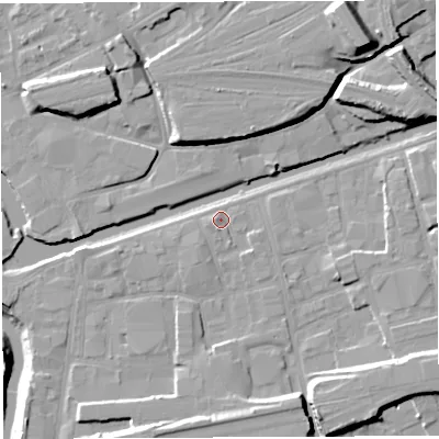 Shaded relief map of the ground around BS20SH, computed from Environment Agency LiDAR. The ground here sits at about 9 m above sea level and falls 21 m across the surrounding 800 m. Surface water reaching this point runs off ground lying to the south, 3.2 m higher.