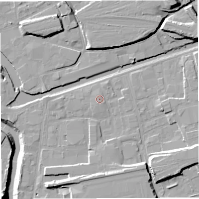 Shaded relief map of the ground around BS20SQ, computed from Environment Agency LiDAR. The ground here sits at about 10 m above sea level and falls 24 m across the surrounding 800 m. Surface water reaching this point runs off ground lying to the south, 1.2 m higher.