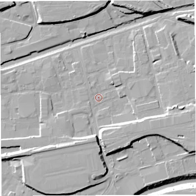 Shaded relief map of the ground around BS20SU, computed from Environment Agency LiDAR. The ground here sits at about 8 m above sea level and falls 14 m across the surrounding 800 m. Surface water reaching this point runs off ground lying to the south, 7.9 m higher.