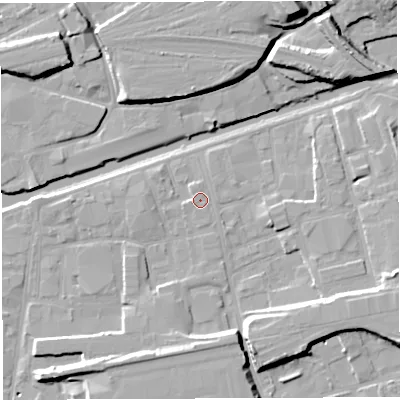Shaded relief map of the ground around BS20SW, computed from Environment Agency LiDAR. The ground here sits at about 9 m above sea level and falls 17 m across the surrounding 800 m. Surface water reaching this point runs off ground lying to the west-south-west, 1.1 m higher.