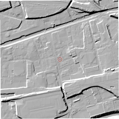 Shaded relief map of the ground around BS20SX, computed from Environment Agency LiDAR. The ground here sits at about 8 m above sea level and falls 14 m across the surrounding 800 m. Surface water reaching this point runs off ground lying to the north-west, 1.0 m higher.
