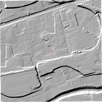 Shaded relief map of the ground around BS20SZ, computed from Environment Agency LiDAR. The ground here sits at about 8 m above sea level and falls 13 m across the surrounding 800 m. Surface water reaching this point runs off ground lying to the south, 6.4 m higher.