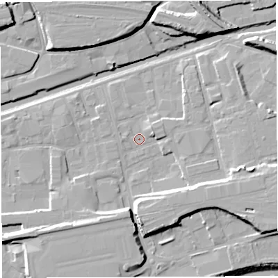 Shaded relief map of the ground around BS20TA, computed from Environment Agency LiDAR. The ground here sits at about 8 m above sea level and falls 15 m across the surrounding 800 m. Surface water reaching this point runs off ground lying to the south, 7.9 m higher.