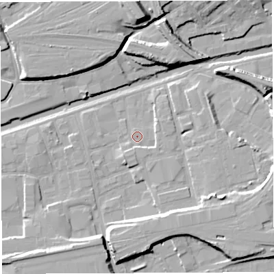 Shaded relief map of the ground around BS20TD, computed from Environment Agency LiDAR. The ground here sits at about 8 m above sea level and falls 16 m across the surrounding 800 m. Surface water reaching this point runs off ground lying to the south-south-west, 2.6 m higher.
