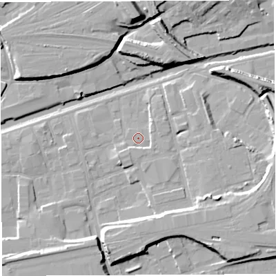 Shaded relief map of the ground around BS20TG, computed from Environment Agency LiDAR. The ground here sits at about 8 m above sea level and falls 16 m across the surrounding 800 m. Surface water reaching this point runs off ground lying to the south-east, 2.1 m higher.