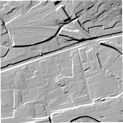 Shaded relief map of the ground around BS20TQ, computed from Environment Agency LiDAR. The ground here sits at about 7 m above sea level and falls 16 m across the surrounding 800 m. Surface water reaching this point runs off ground lying to the south, 8.1 m higher.