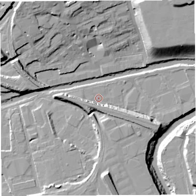 Shaded relief map of the ground around BS20TX, computed from Environment Agency LiDAR. The ground here sits at about 8 m above sea level and falls 23 m across the surrounding 800 m. Surface water reaching this point runs off ground lying to the east-south-east, 8.6 m higher.