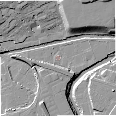 Shaded relief map of the ground around BS20TZ, computed from Environment Agency LiDAR. The ground here sits at about 8 m above sea level and falls 23 m across the surrounding 800 m. Surface water reaching this point runs off ground lying to the east-north-east, 2.3 m higher.